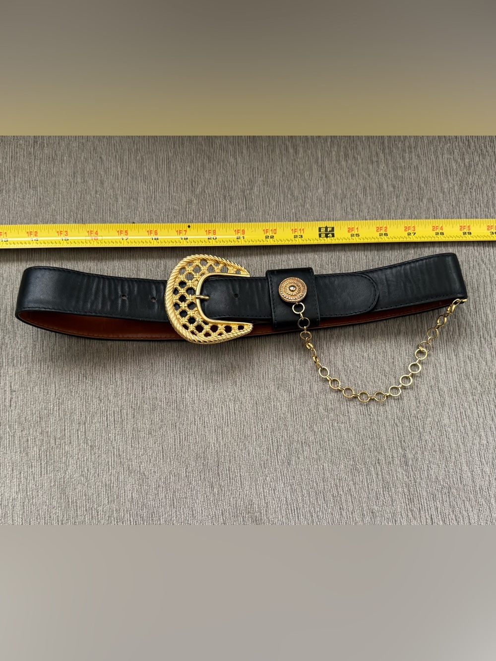 M Alden Howard Black Leather Belt with Decorative Gold Buckle and Chain Accent